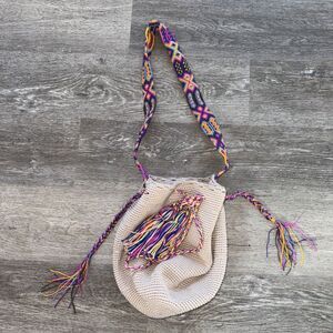 Handmade Crocheted Mexican Satchel Bag Purse Bucket Bag w Tassels Tan Multicolor